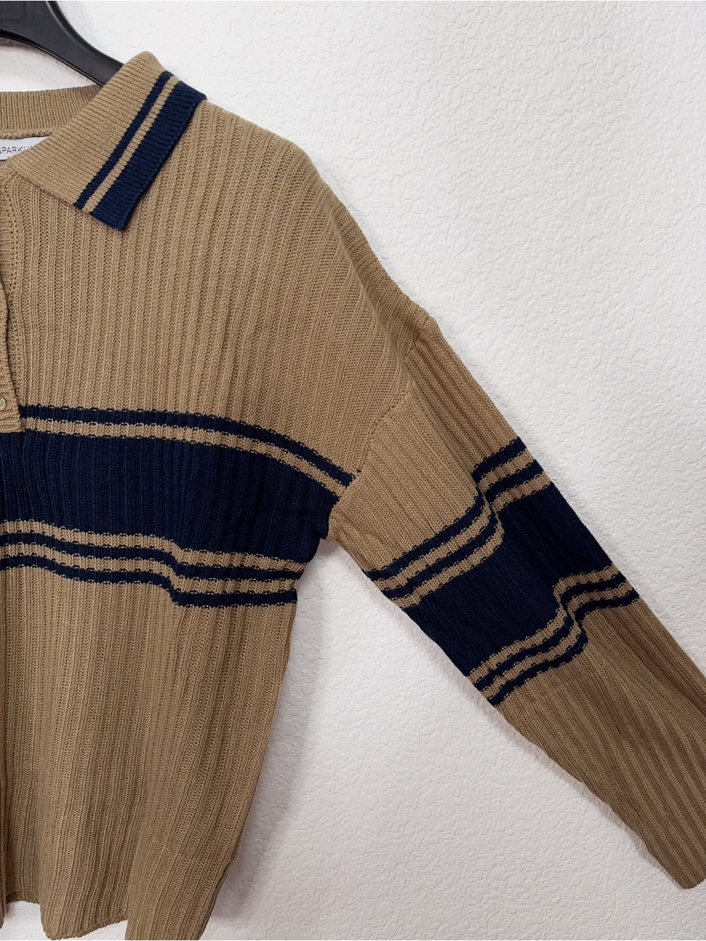 Miss Sparkling Camel Navy Striped Polo Collar Knit Sweater - Picture 4 of 6